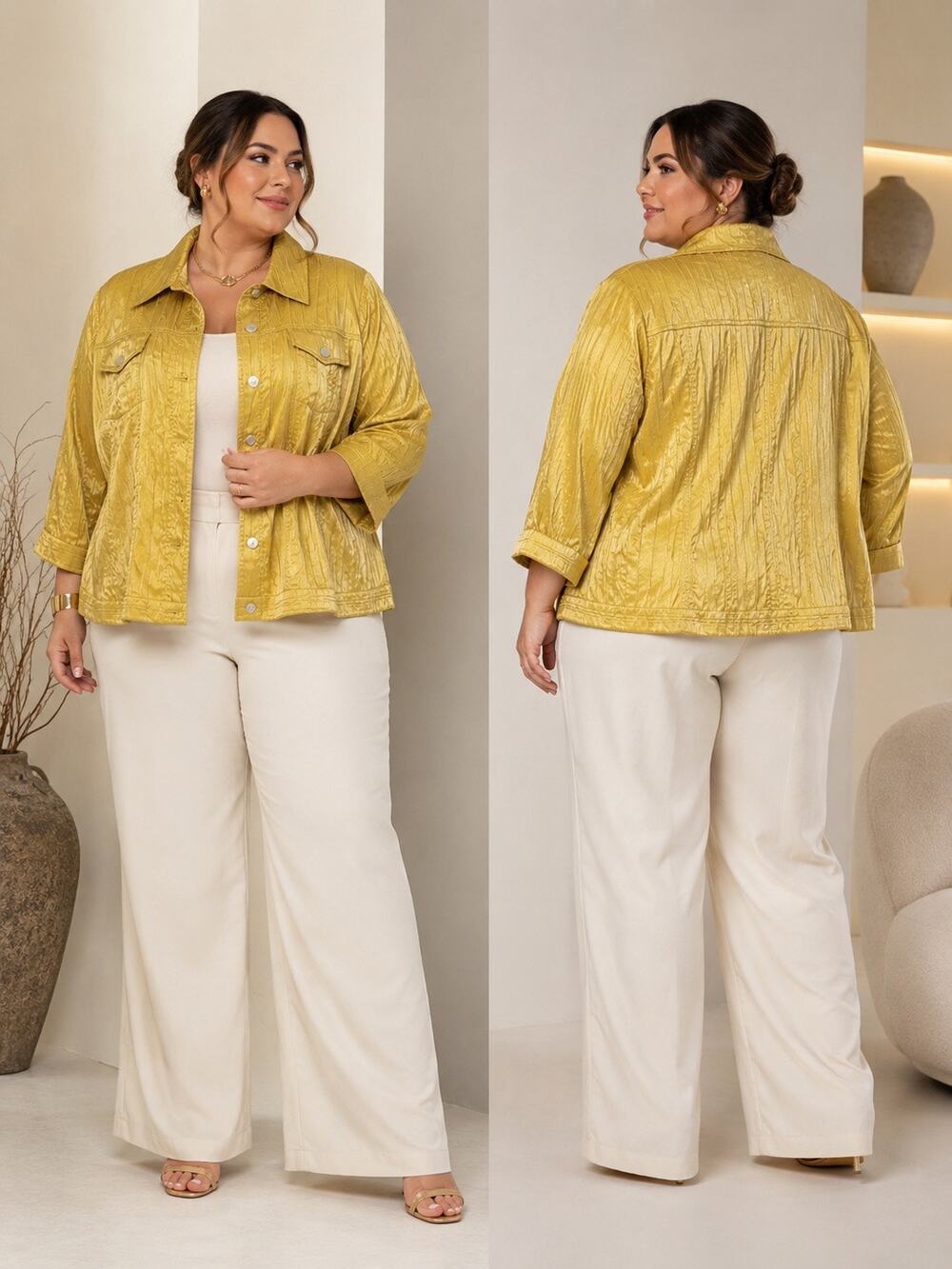 Ruby Rd. Woman 22W Chartreuse Mustard Shimmer Textured Jacket Button Front